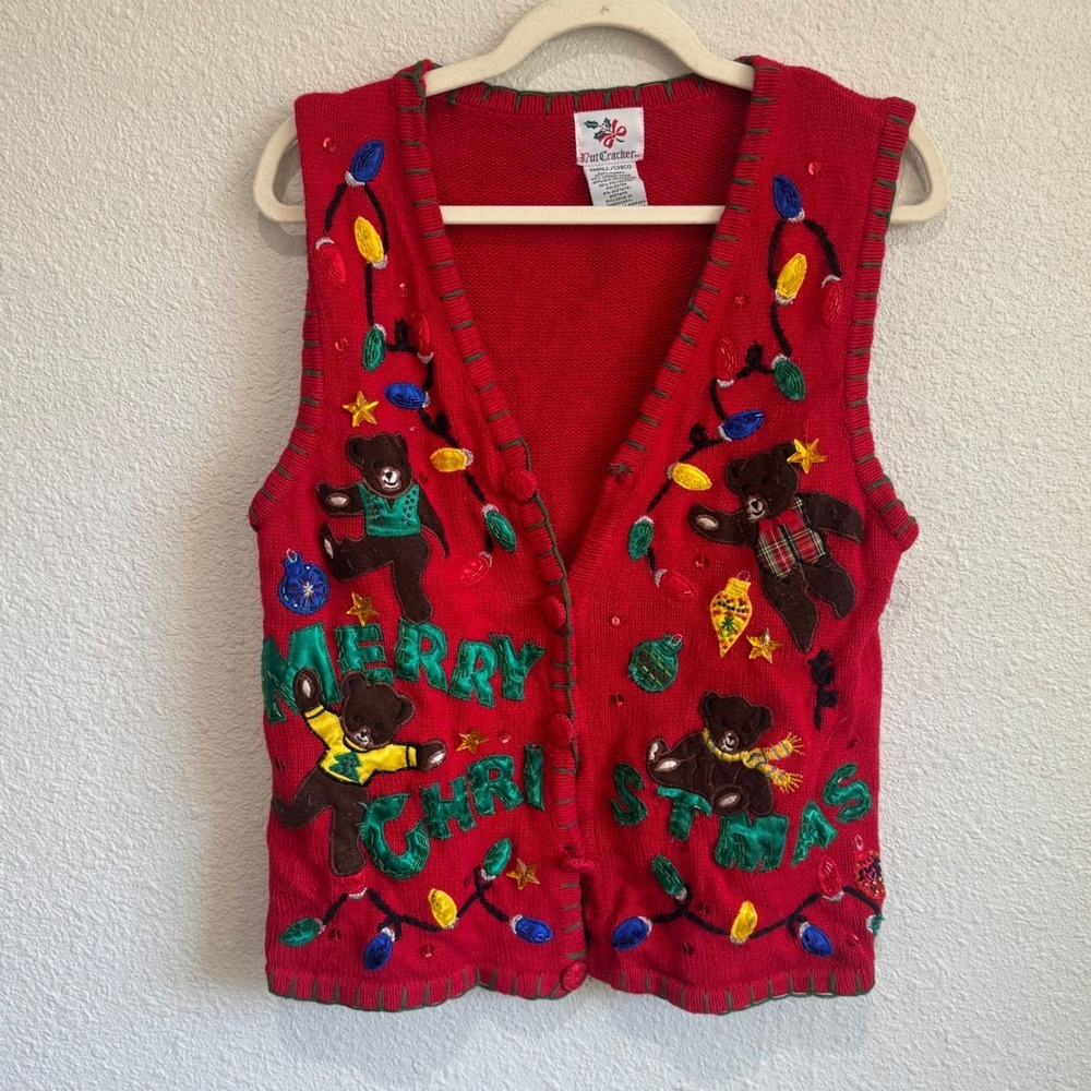 VTG Nutcracker Red Merry Christmas Teddy Bear Ugly Holiday Sweater Vest Knit‎ S